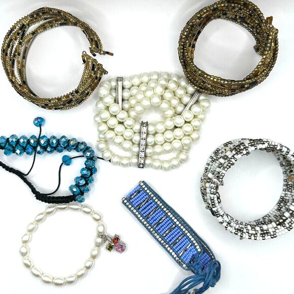 Bracelet lot bundle 7 beaded cuff casual faux pearl preppy boho casual beads - Picture 1 of 16
